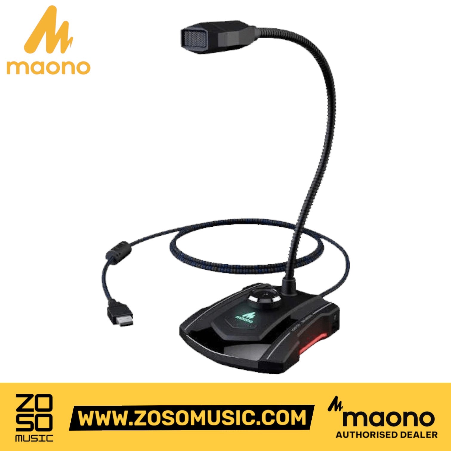 Zoso Music Maono AU-GM31 gooseneck USB condenser microphone with adjustable gain knob and LED mute indicator