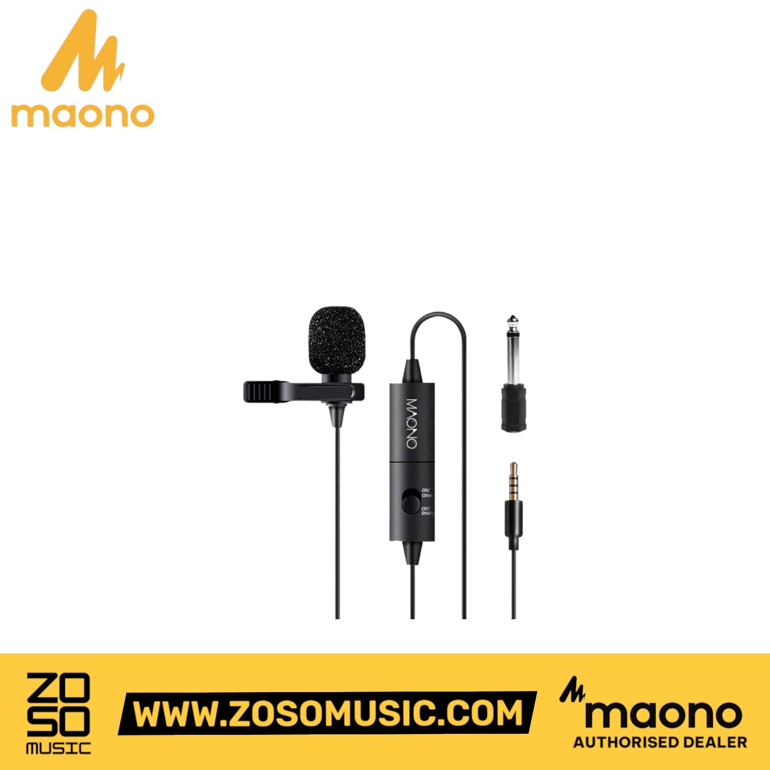 Zoso Music Maono AU-100 lavalier microphone with foam windscreen, control module, and 3.5mm adapter