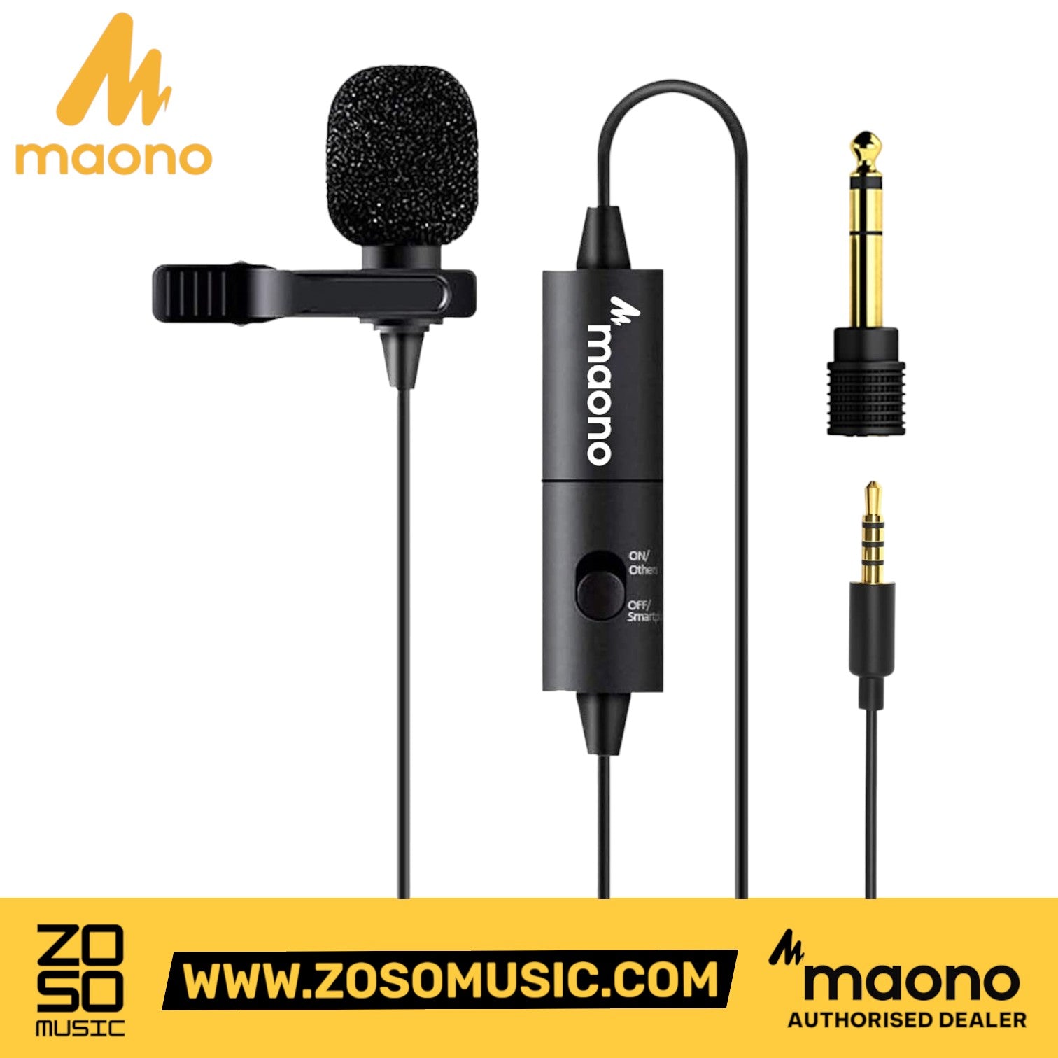 Zoso Music Maono AU-102 omnidirectional lavalier microphone with wind muff, metal clip, and 6.5mm adapter
