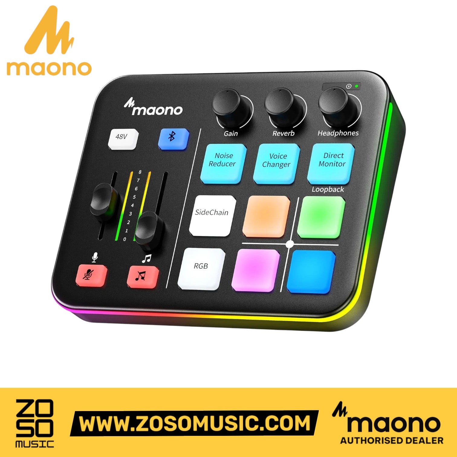 Zoso Music Maono Maonocaster G1 NEO black gaming audio mixer with RGB lighting and intuitive control buttons