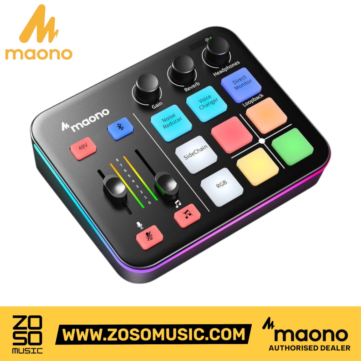 Zoso Music Maono Maonocaster G1 NEO black gaming audio mixer with RGB lighting, control knobs, and sound effect pads.