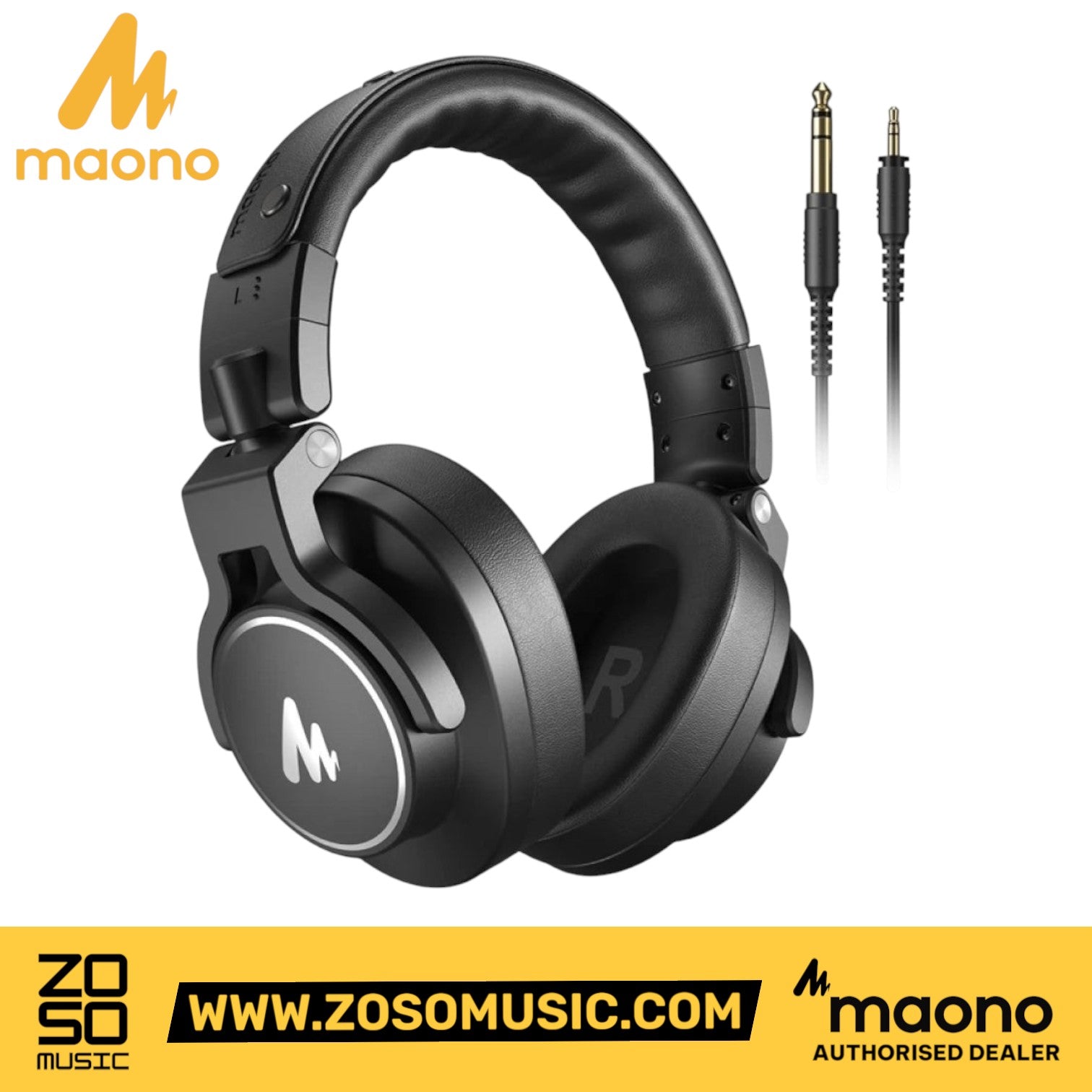 Zoso Music Maono MH700 black closed-back dynamic headphones with soft ear cups and detachable audio cables