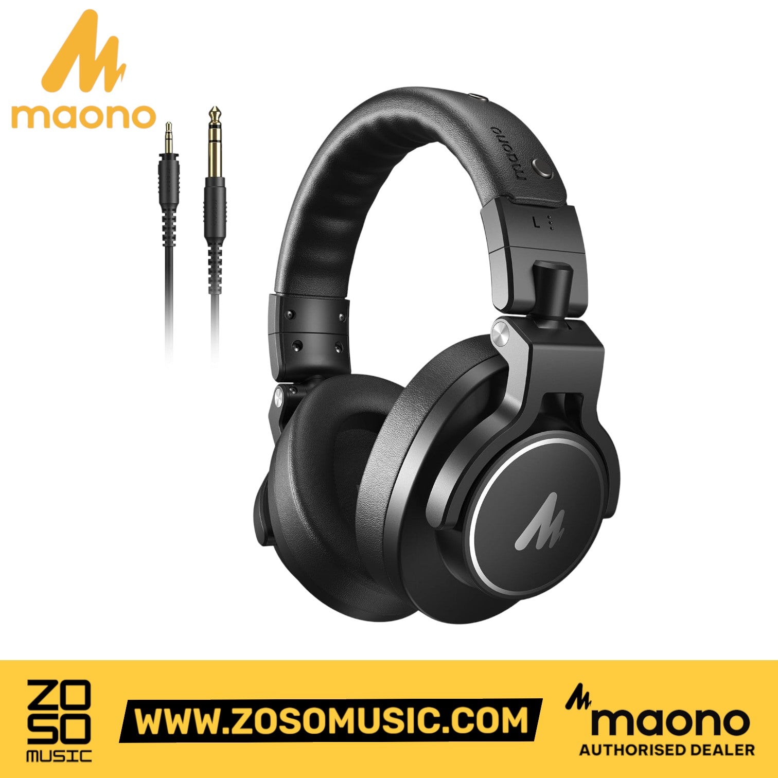 Zoso Music Maono MH700 black closed-back dynamic studio headphones with detachable audio cables
