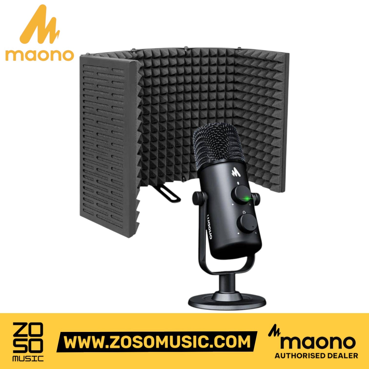 Zoso Music bundle featuring a black Maono AU-903 USB condenser microphone and a 5-panel acoustic isolation shield.