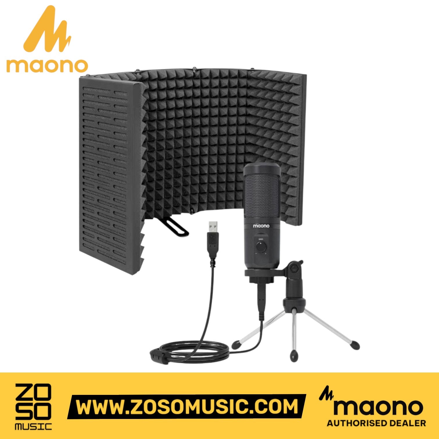 Zoso Music bundle featuring a black Maono condenser microphone with tripod stand and a 5-panel sound isolation shield.