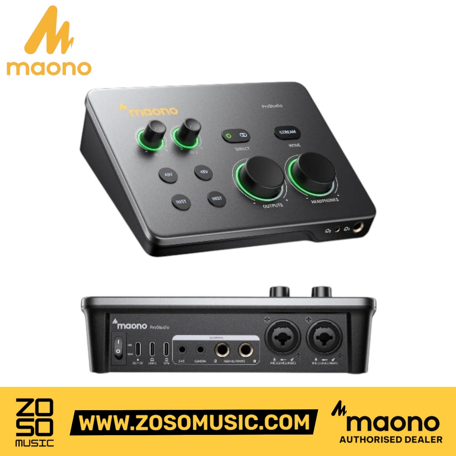 Zoso Music Maono P2 USB hybrid audio interface with dual XLR inputs and green LED control knobs on aluminum chassis