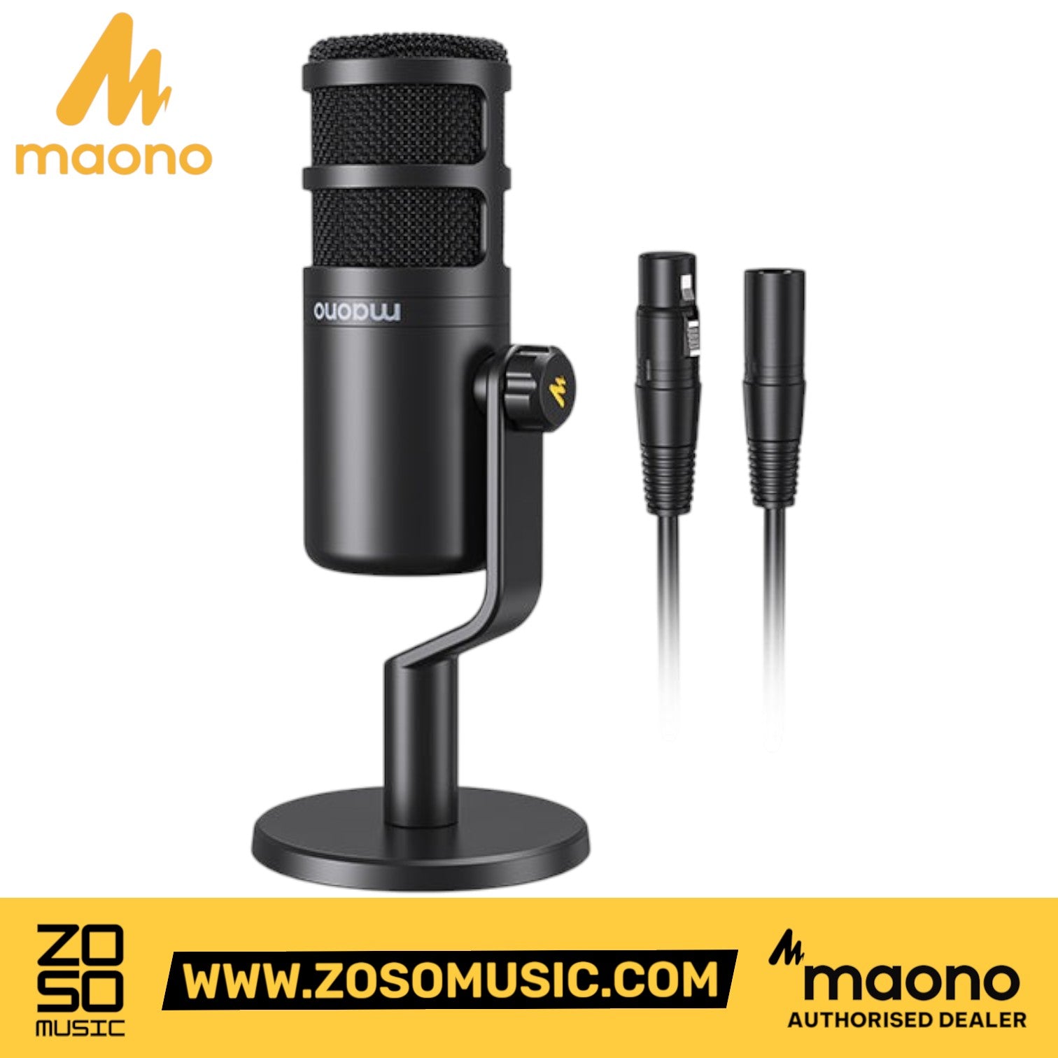 Zoso Music Maono PD100 black dynamic XLR podcast microphone with a sturdy metal desktop stand and included XLR cable.