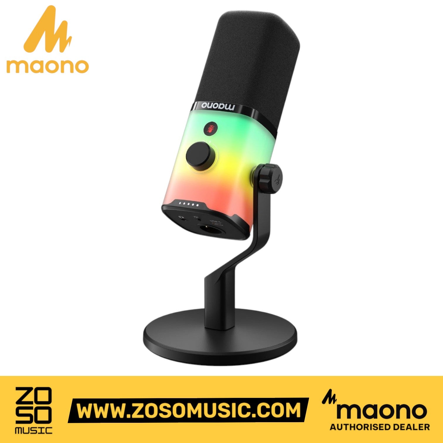 Zoso Music Maono PD100X dynamic USB/XLR microphone with RGB lighting, mute button, and smart control knob on a stand.