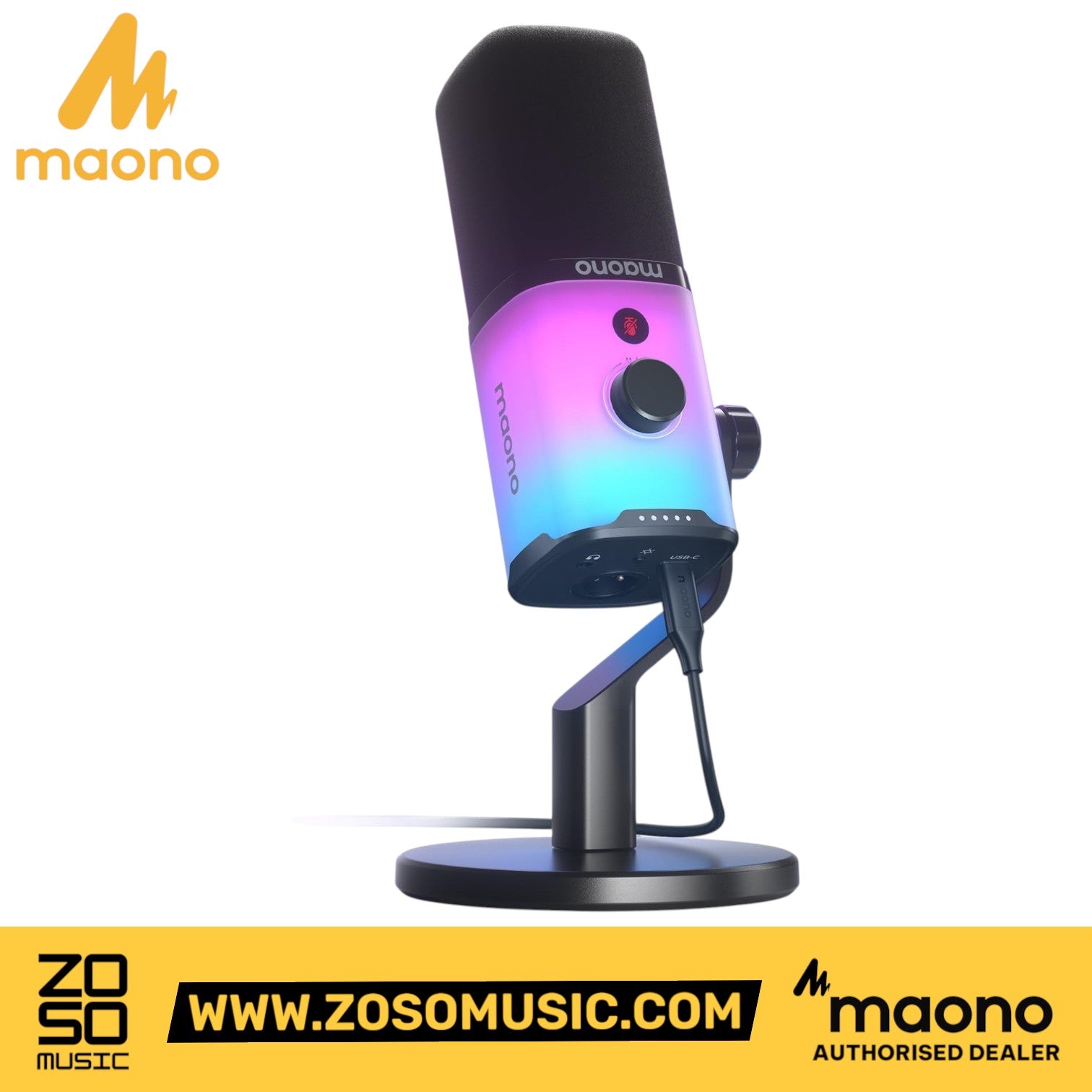 Zoso Music Maono PD100X dynamic USB XLR gaming microphone with vibrant RGB lighting and integrated smart control knob