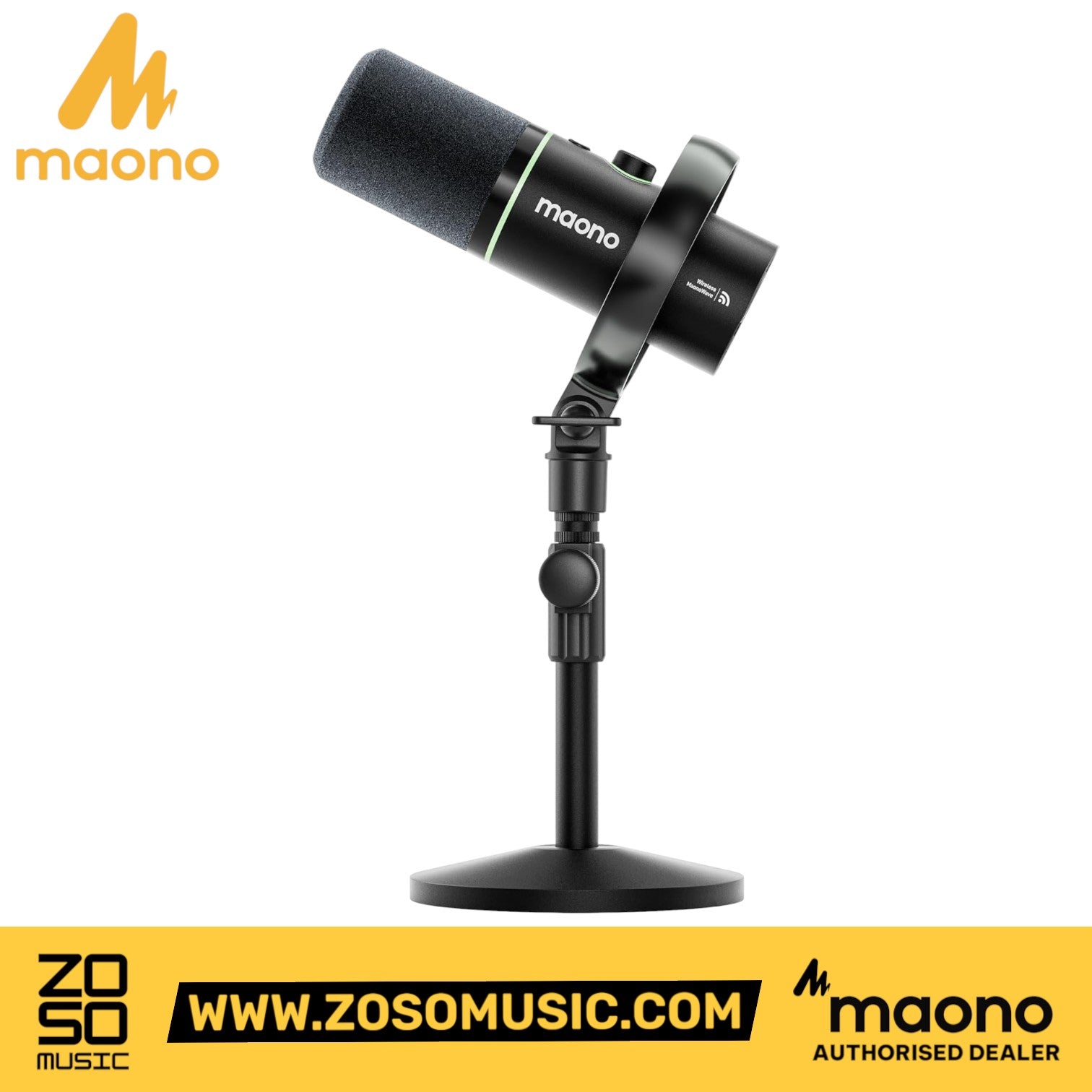 Zoso Music Maono PD200W black hybrid dynamic podcasting microphone on a matching adjustable desktop stand