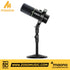 Zoso Music Maono PD200W black hybrid dynamic podcasting microphone on a matching adjustable desktop stand