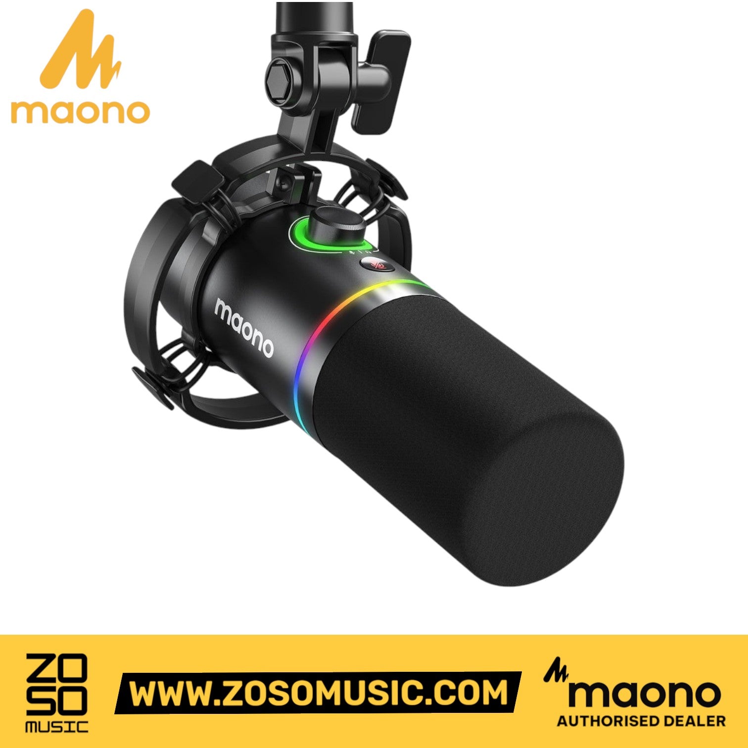Zoso Music Maono PD200X black dynamic podcast microphone with RGB lighting and shock mount
