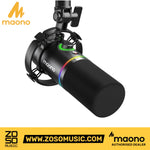 Zoso Music Maono PD200X black dynamic podcast microphone with RGB lighting and shock mount