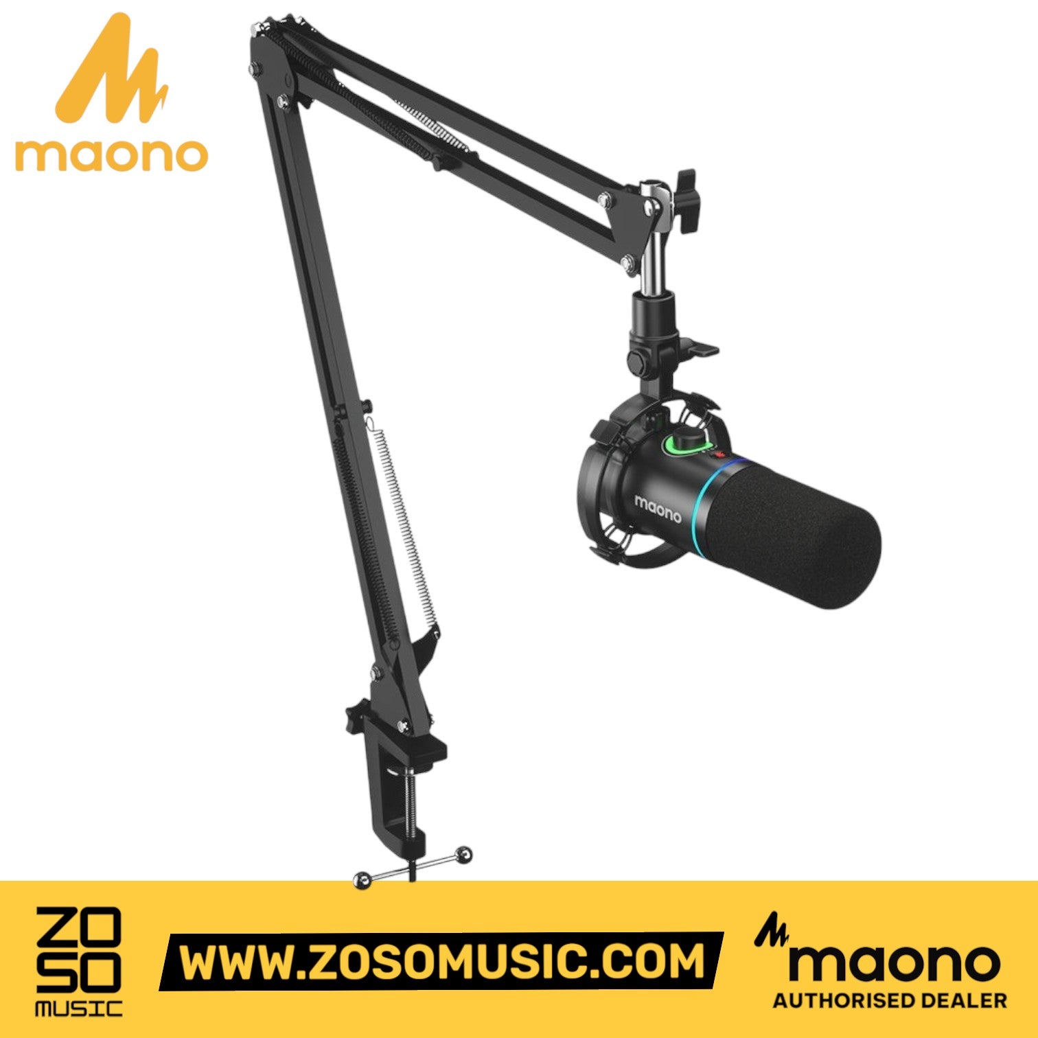 Zoso Music Maono PD200X dynamic podcast microphone with adjustable boom arm, shock mount, and RGB lighting.