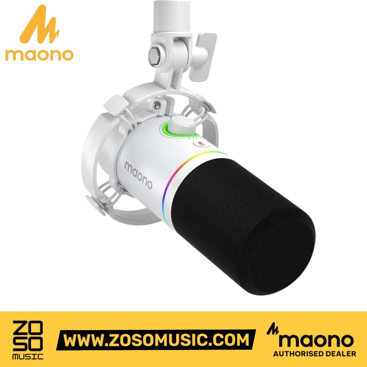 Zoso Music Maono PD200X white dynamic podcast microphone with RGB lighting, shock mount, and USB/XLR dual connectivity.