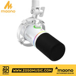 Zoso Music Maono PD200X white dynamic podcast microphone with RGB lighting, shock mount, and USB/XLR dual connectivity.
