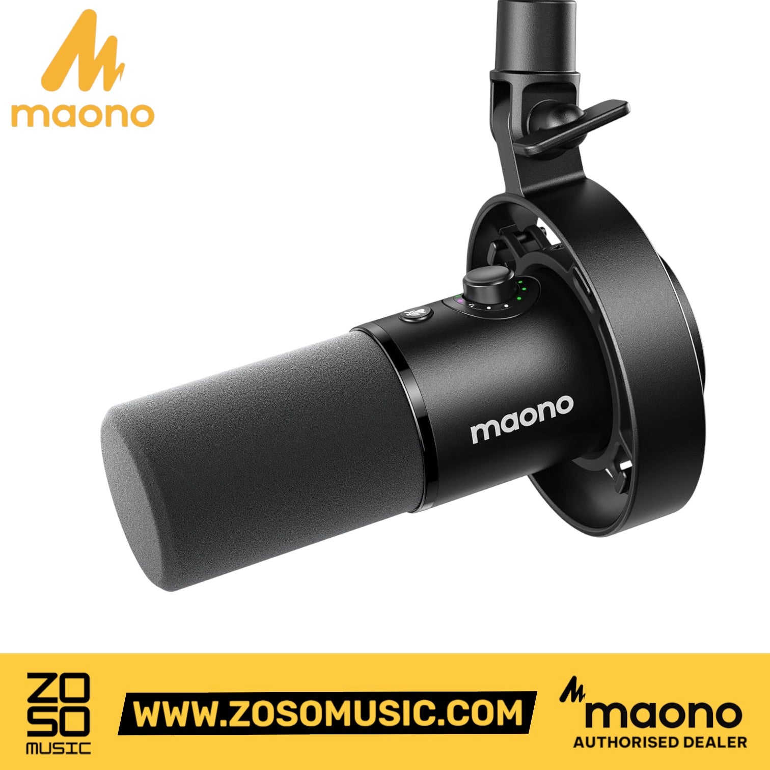 Zoso Music Maono PD300X black dynamic USB XLR microphone with integrated smart knob and shock mount