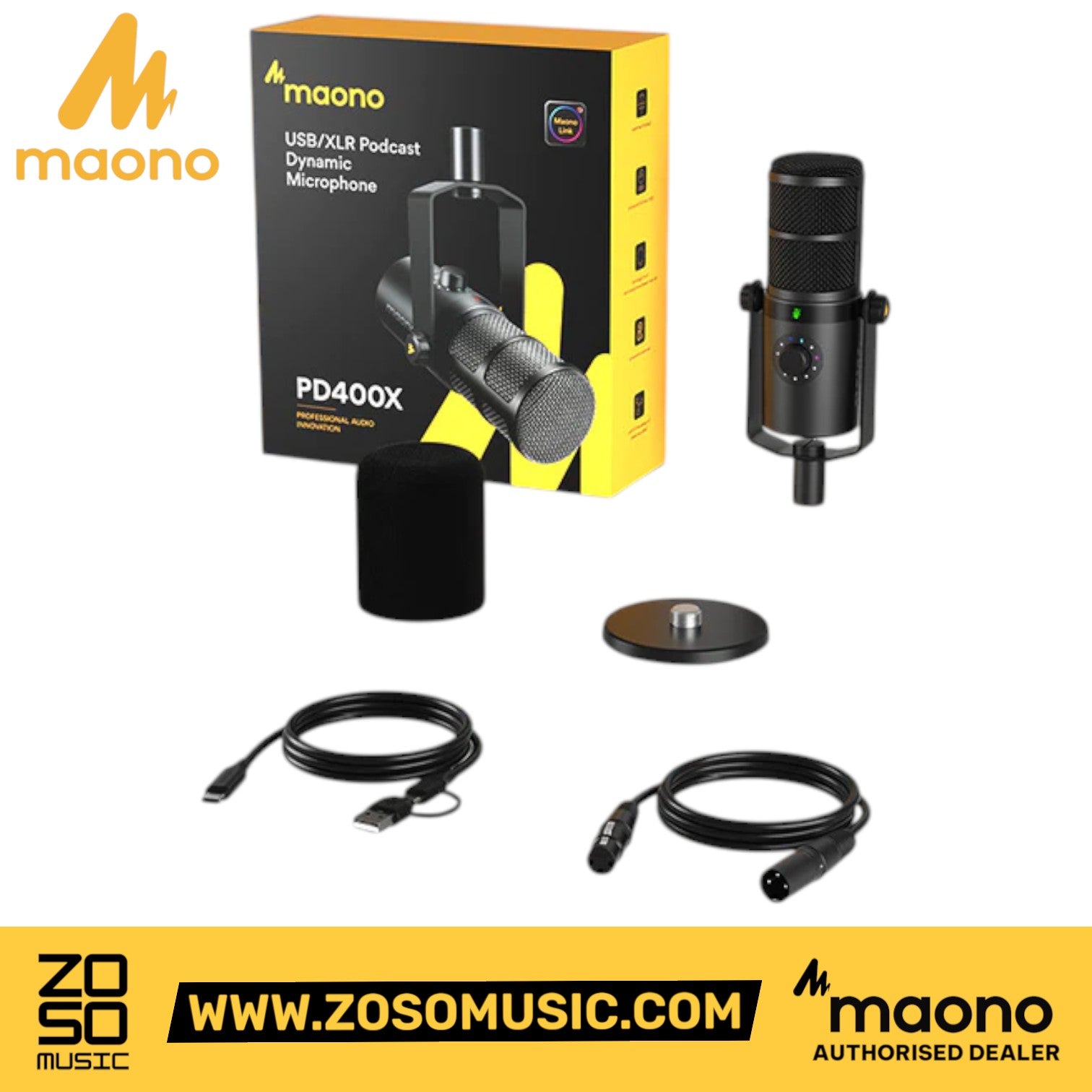 Zoso Music Maono PD400X dynamic microphone set with USB and XLR cables, stand, and foam windscreen in retail box