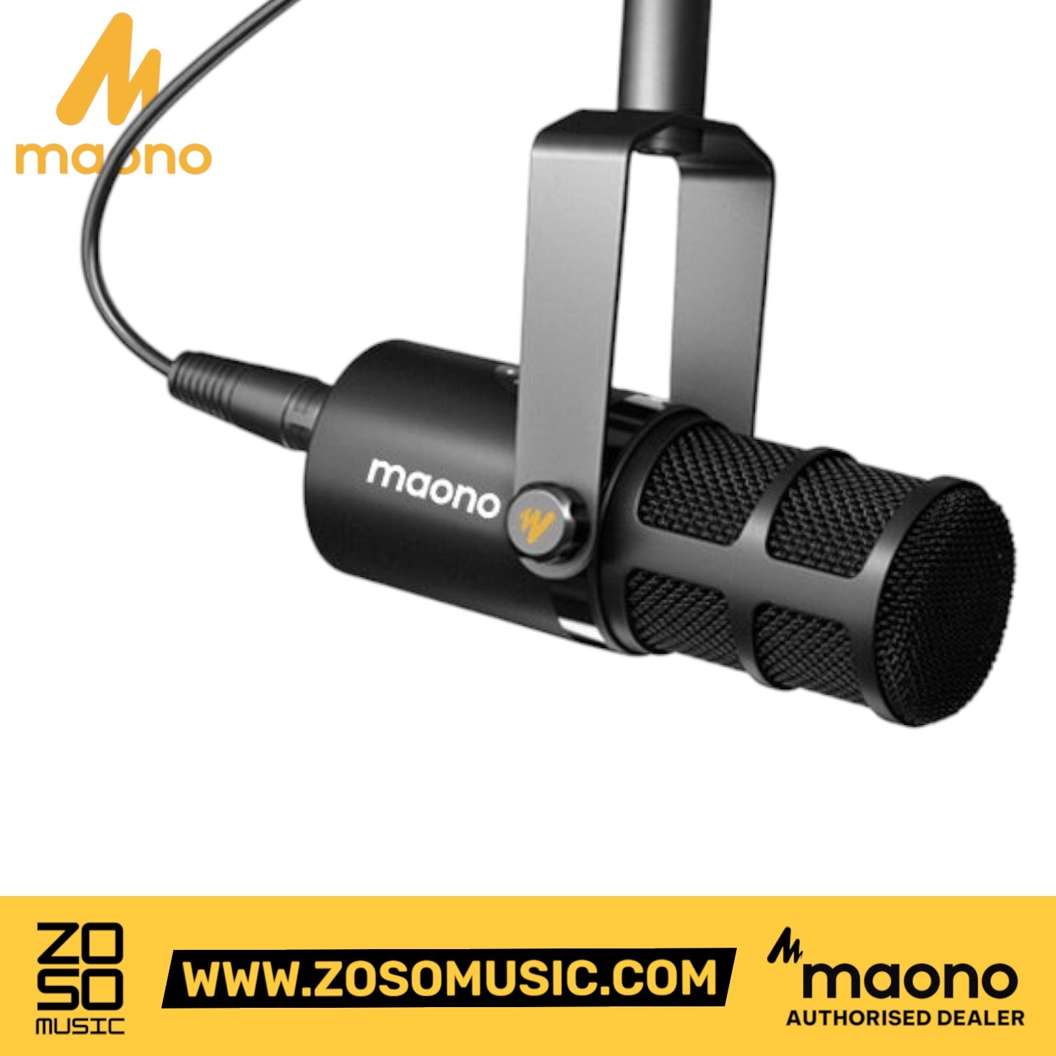 Zoso Music Maono PD400X professional dynamic microphone in black with a cardioid polar pattern and adjustable mount.
