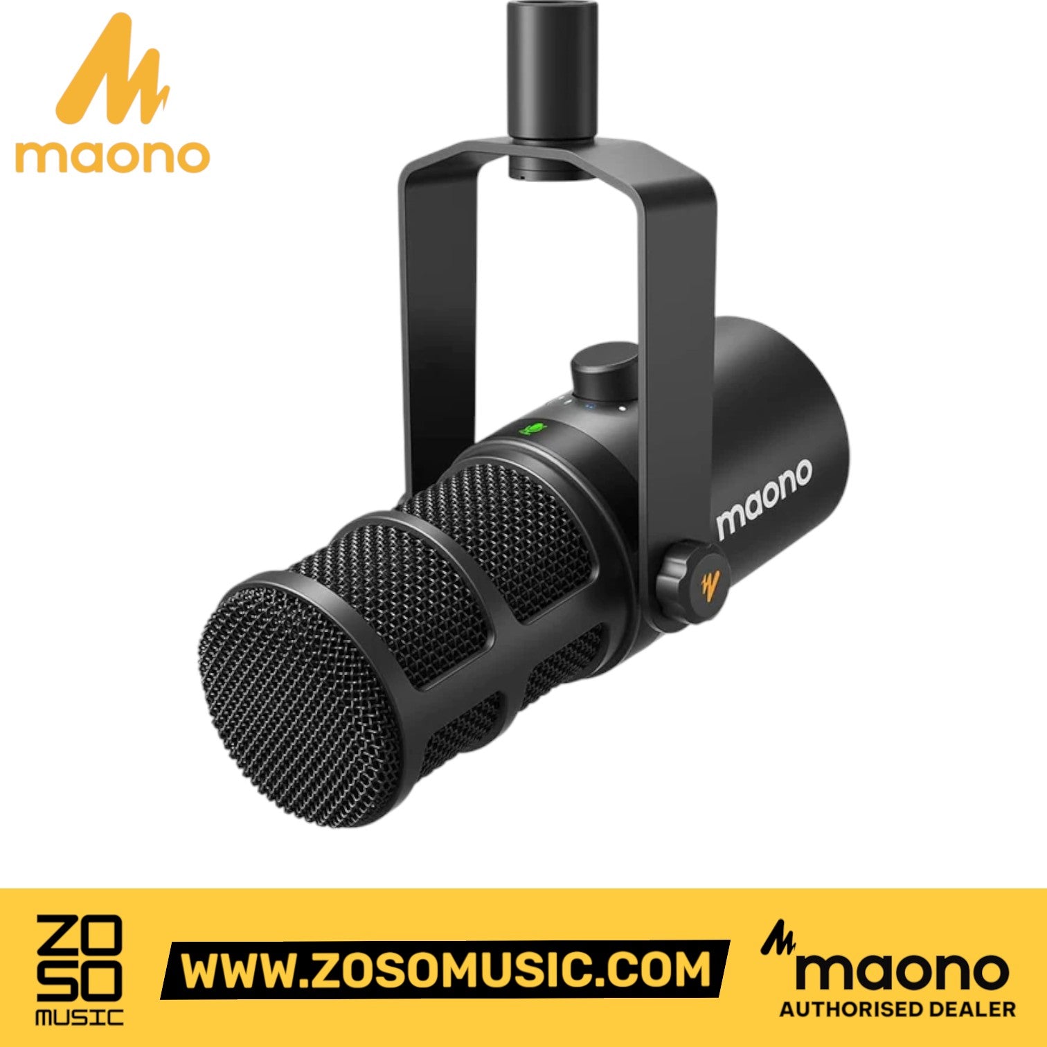 Zoso Music Maono PD400X black dynamic microphone with cardioid polar pattern, USB and XLR outputs, and mute button.