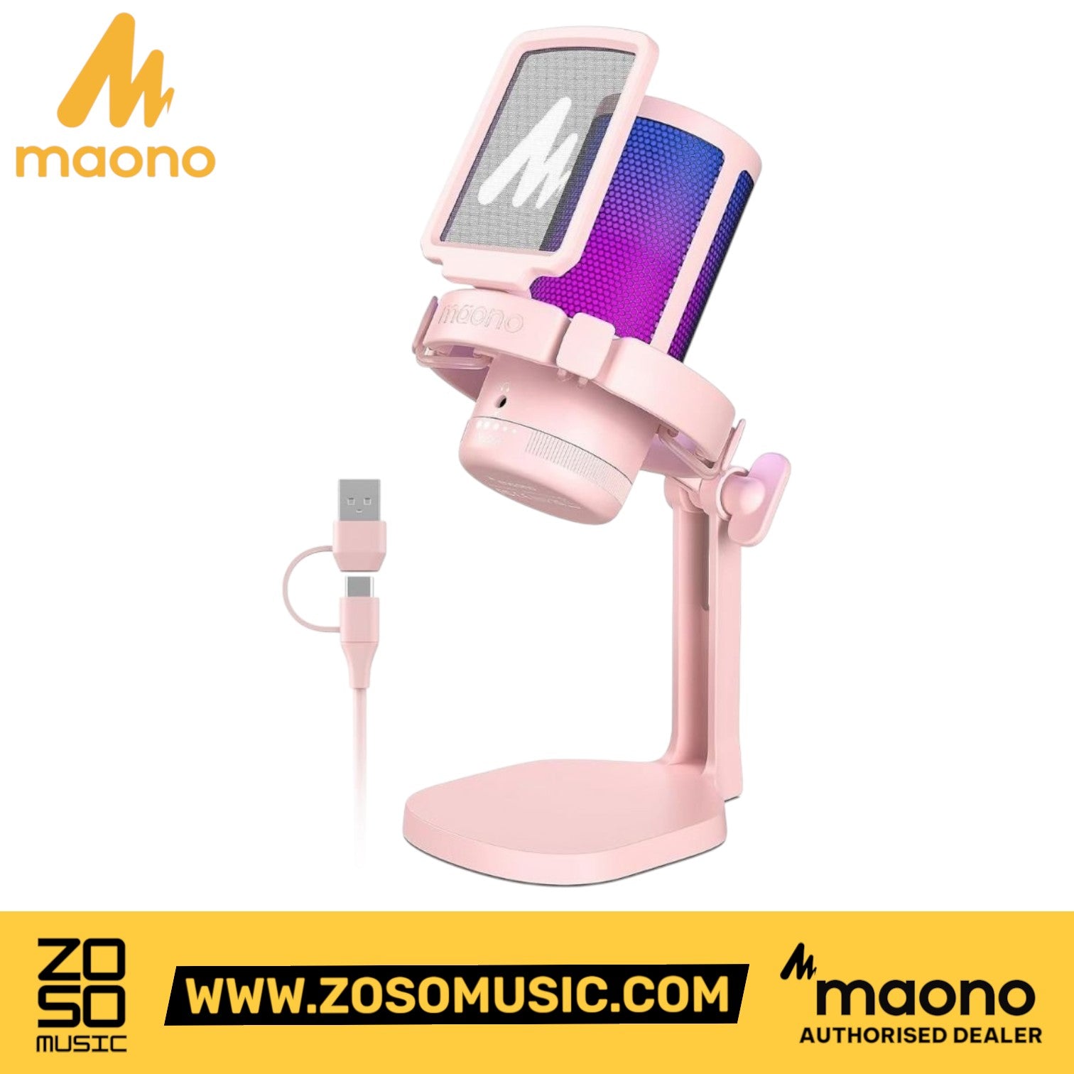 Zoso Music Maono DGM20 pink USB gaming microphone with RGB lighting, pop filter, and adjustable desktop stand