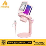 Zoso Music Maono DGM20 pink USB gaming microphone with RGB lighting, pop filter, and adjustable desktop stand