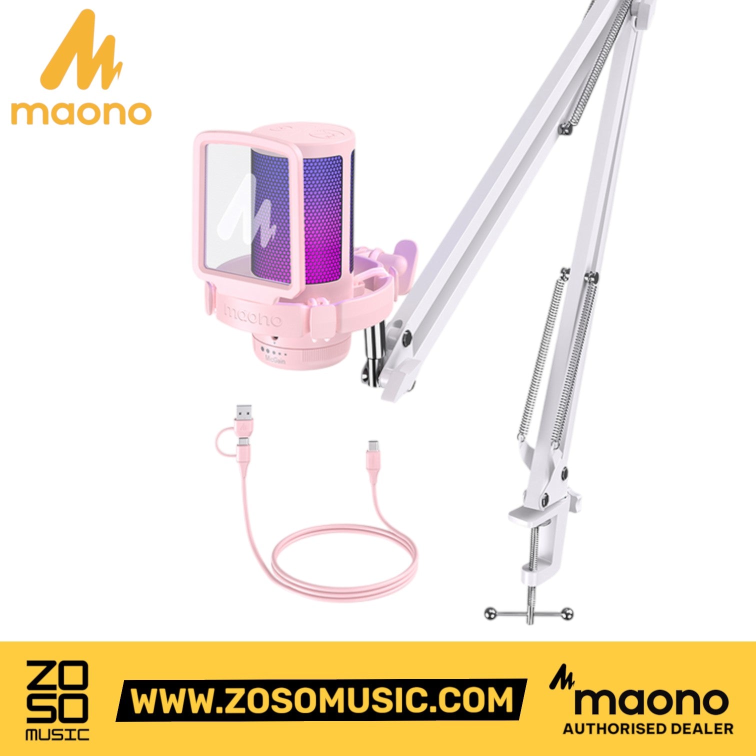 Zoso Music Maono DGM20S pink USB gaming microphone with RGB lighting, pop filter, and adjustable boom arm stand.