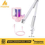 Zoso Music Maono DGM20S pink USB gaming microphone with RGB lighting, pop filter, and adjustable boom arm stand.