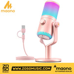 Zoso Music Maono DM30RGB pink USB condenser microphone with customizable RGB lighting and integrated desk stand