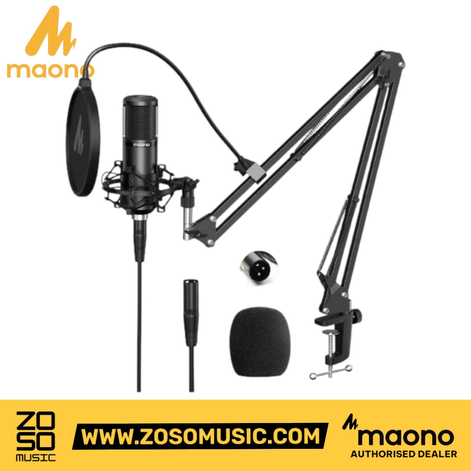 Zoso Music Maono PM320S XLR condenser microphone kit with boom arm, shock mount, pop filter, and XLR cable.