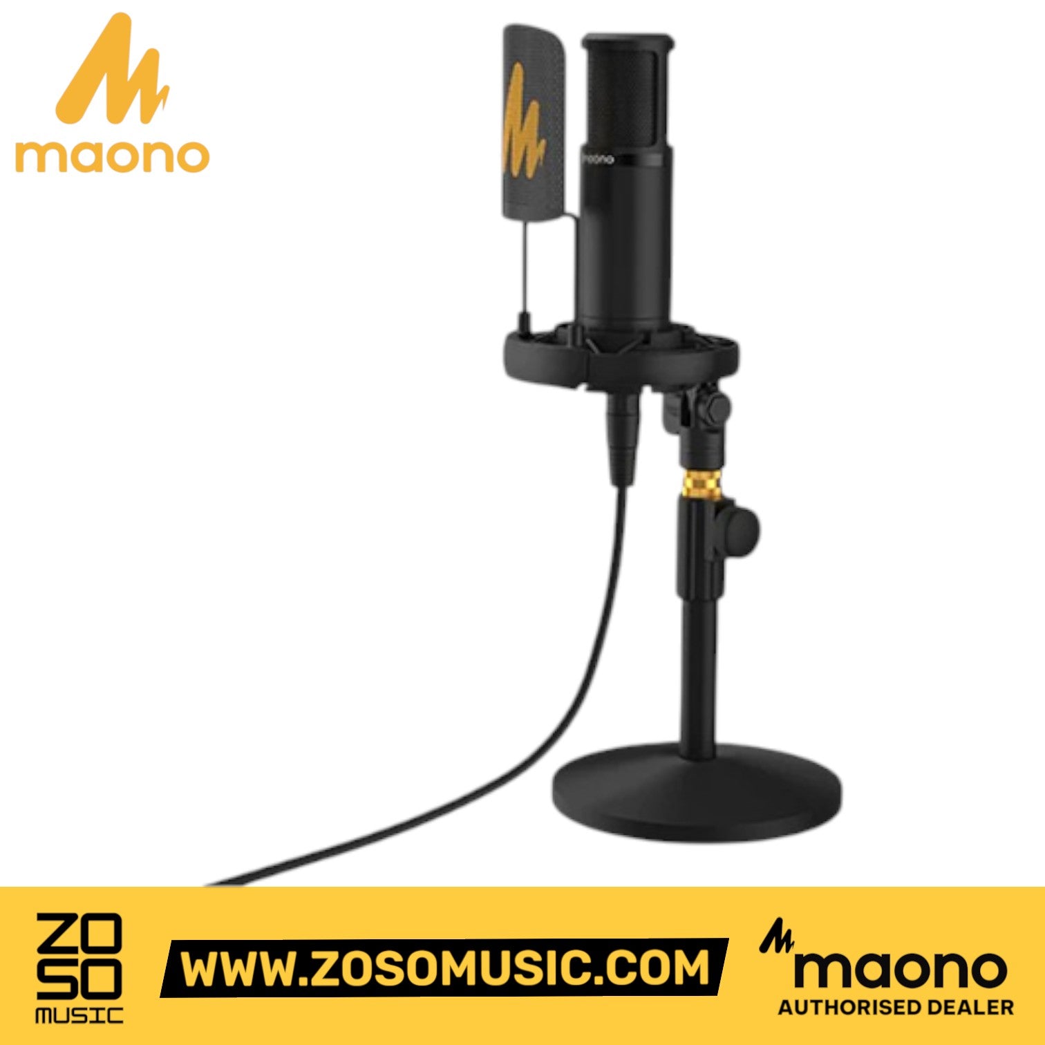 Zoso Music Maono PM320S black XLR condenser microphone kit with shock mount and pop filter on a desk stand