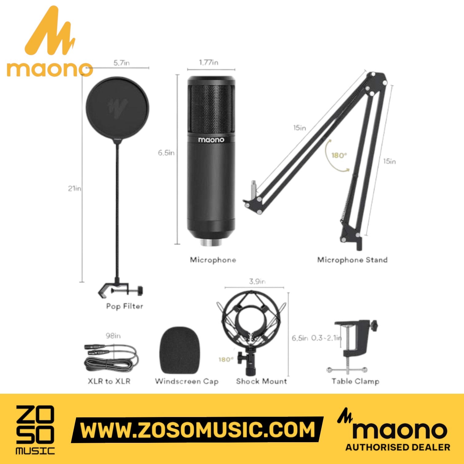 Zoso Music Maono PM320S XLR condenser microphone kit with boom arm, shock mount, pop filter, and XLR cable dimensions.