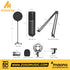 Zoso Music Maono PM320S XLR condenser microphone kit with boom arm, shock mount, pop filter, and XLR cable dimensions.