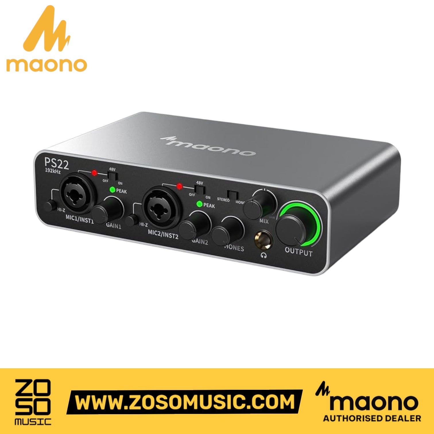 Zoso Music Maono PS22 audio interface with dual XLR inputs, gain knobs, and aluminum chassis for studio recording