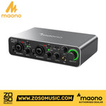 Zoso Music Maono PS22 audio interface with dual XLR inputs, gain knobs, and aluminum chassis for studio recording
