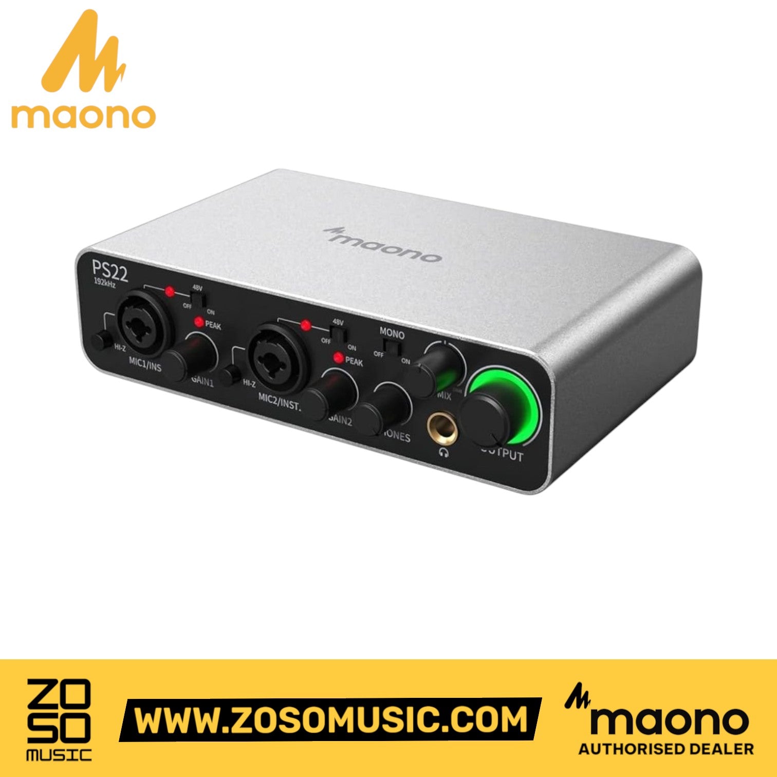 Zoso Music Maono PS22 2-in/2-out audio interface with silver aluminum chassis and illuminated volume control knob.