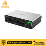 Zoso Music Maono PS22 2-in/2-out audio interface with silver aluminum chassis and illuminated volume control knob.
