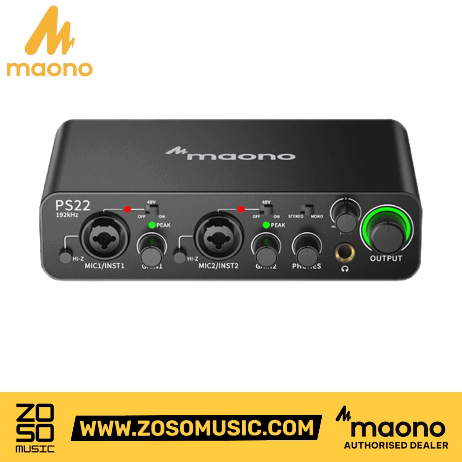 Zoso Music Maono PS22 audio interface with two XLR inputs, gain knobs, and output control in a black aluminum chassis.
