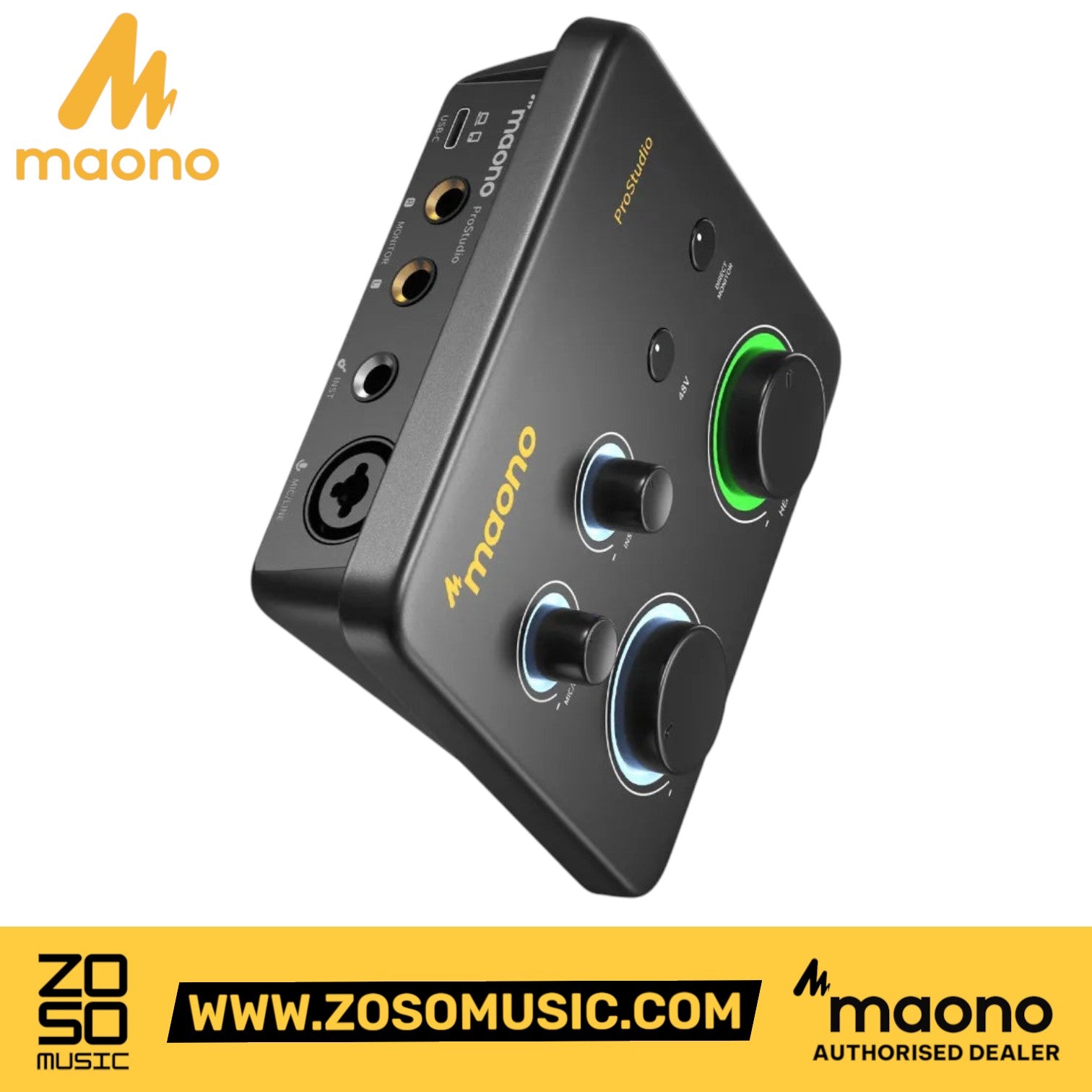 Zoso Music Maono PS22 Lite black USB audio interface with control knobs and LED light ring for recording and streaming.