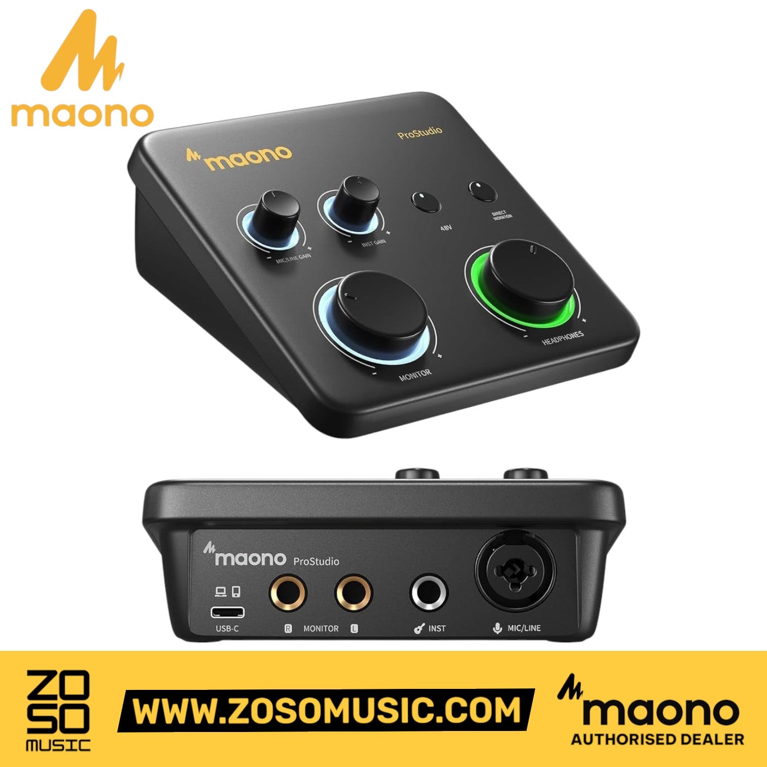 Zoso Music Maono PS22 Lite USB audio interface showing top and rear panels with gain knobs and input ports.