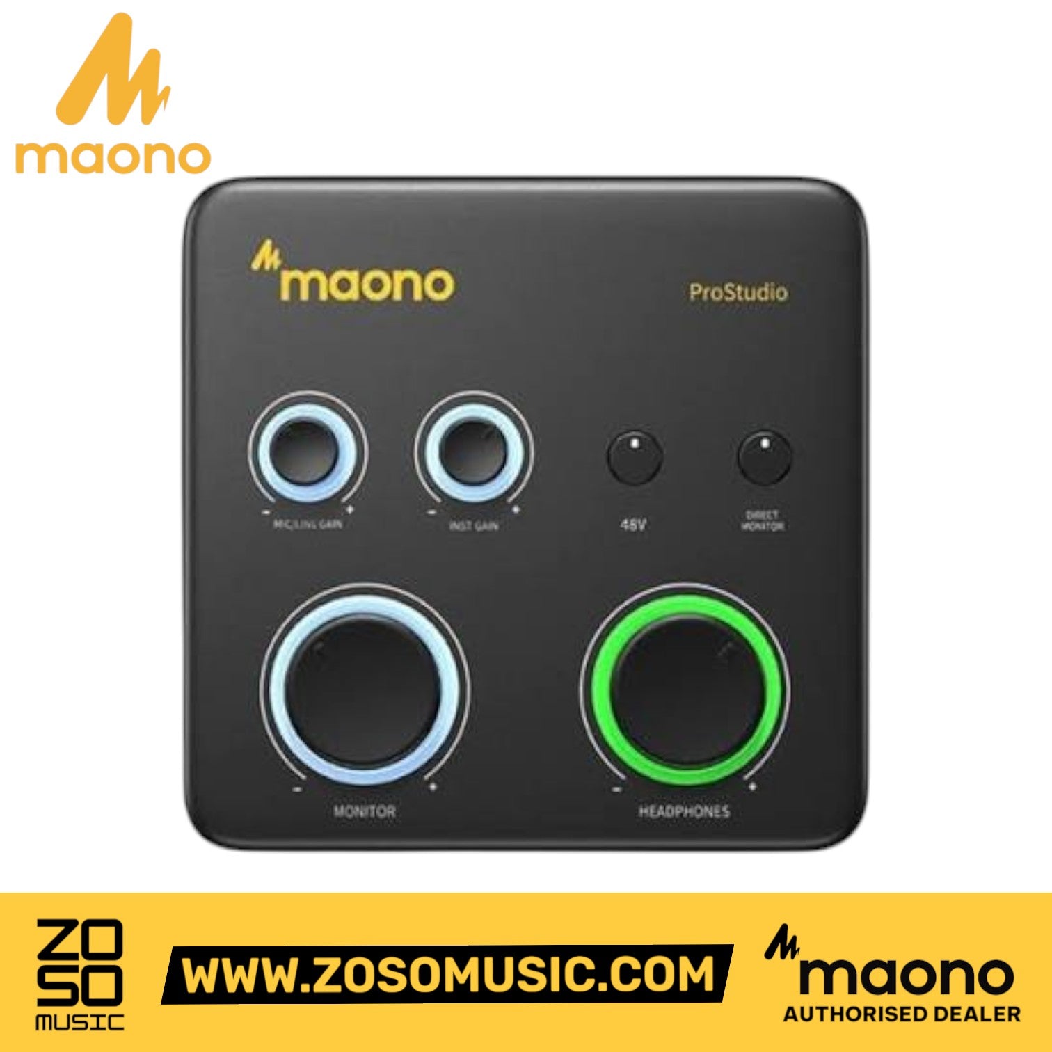Zoso Music Maono PS22 Lite USB audio interface with illuminated control knobs for recording and streaming.