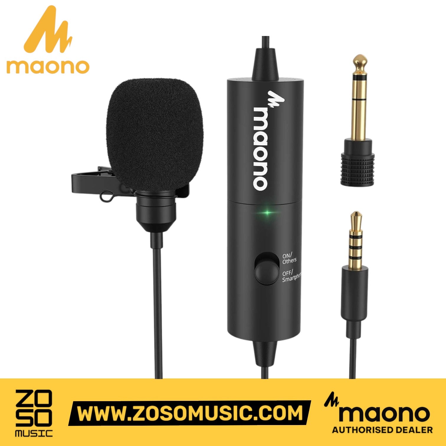 Zoso Music Maono AU-100R rechargeable lavalier microphone with foam windscreen, control module, and 6.35mm adapter
