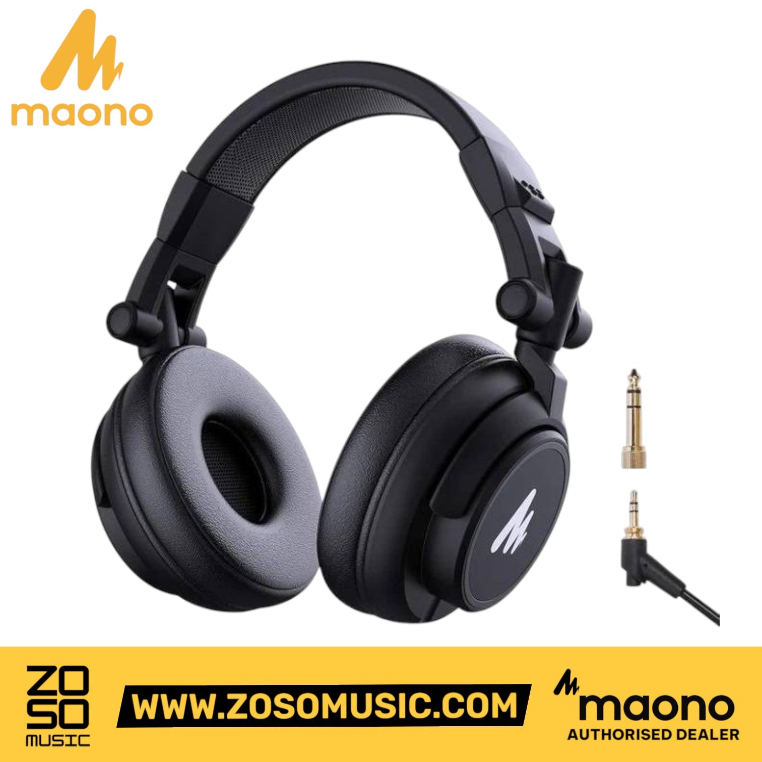 Zoso Music Maono AU-MH601 professional black studio monitor headphones with protein leather earmuffs and coil cable