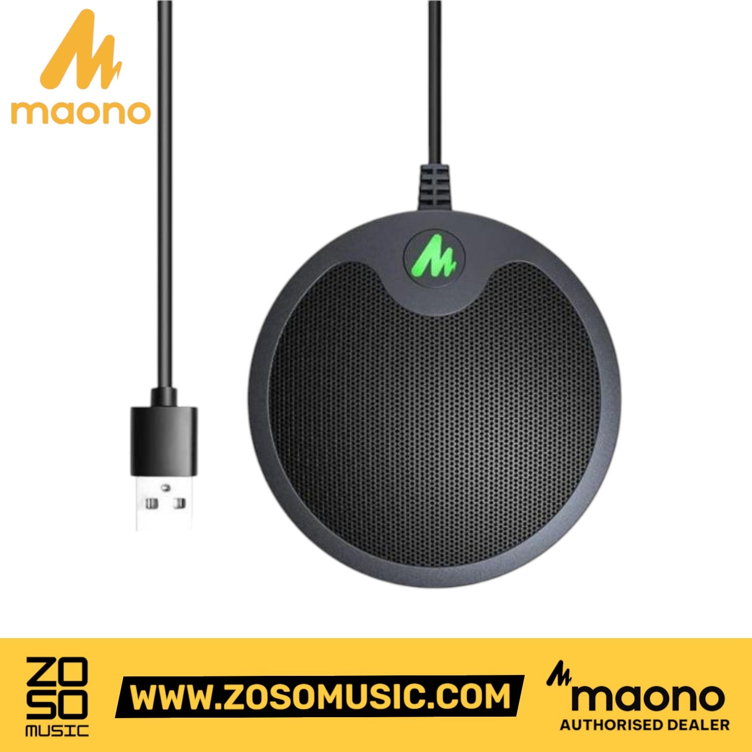 Zoso Music Maono AU-BM10 USB boundary microphone with a black circular metal body and mute button indicator