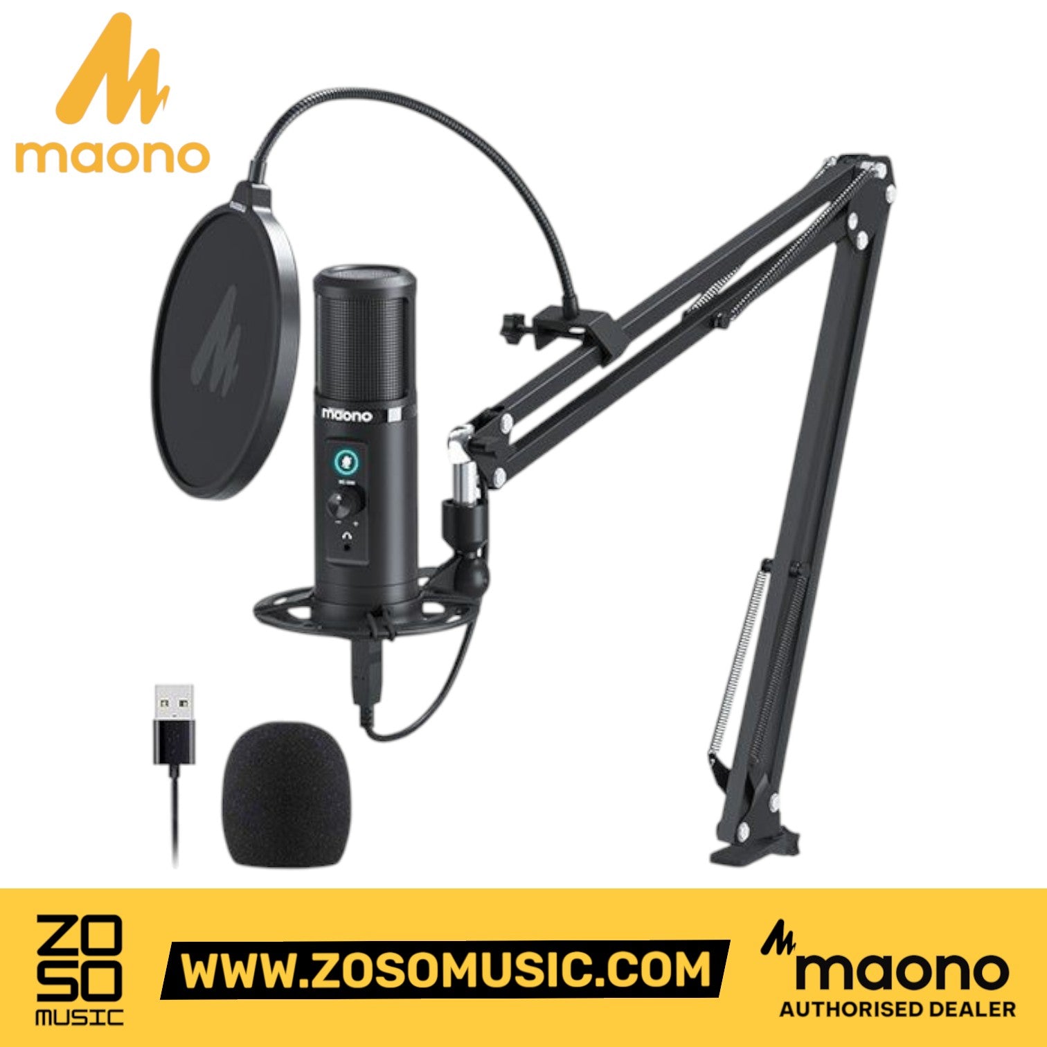 Zoso Music Maono AU-PM422 USB condenser microphone set with boom arm, pop filter, and shock mount for studio recording