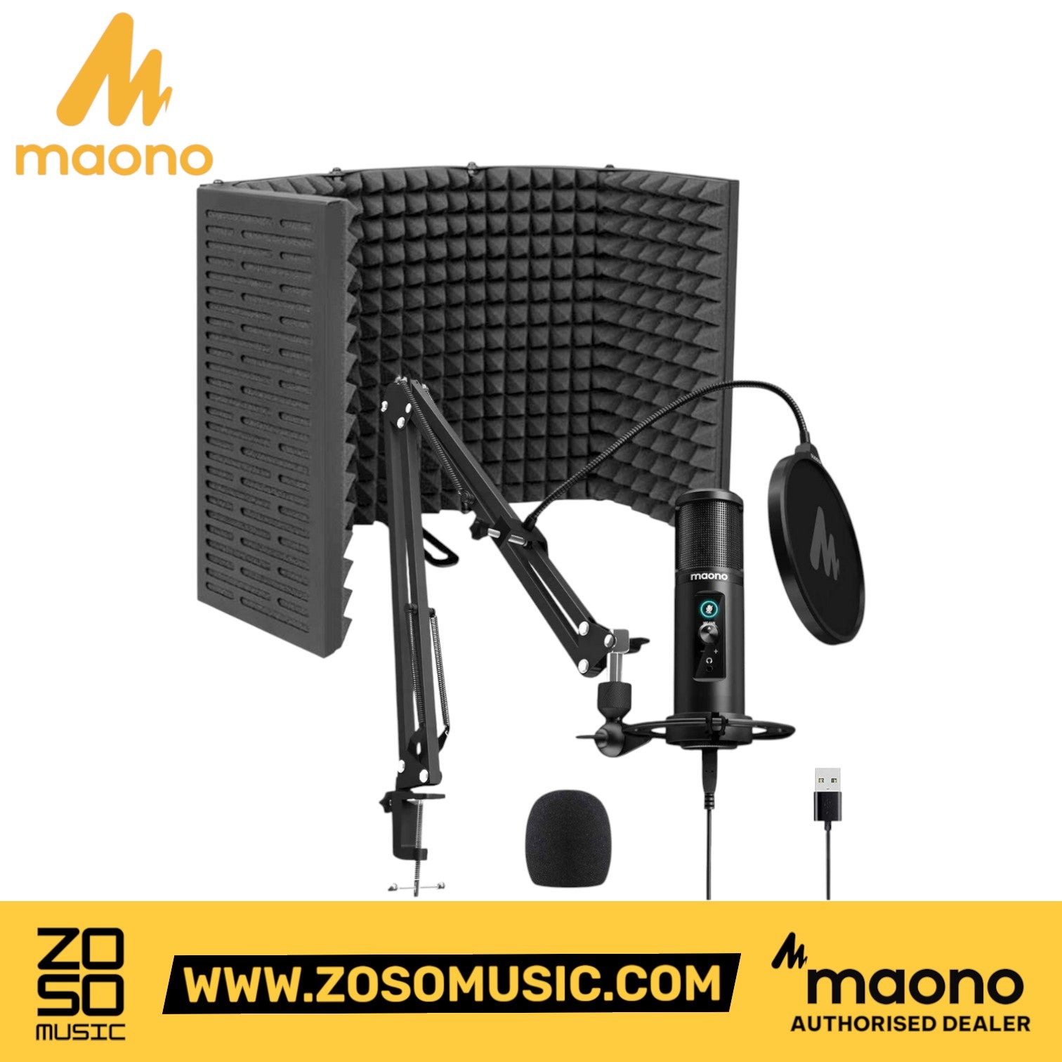 Zoso Music Maono AU-PM422 USB microphone bundle with 5-panel sound isolation shield, boom arm, and pop filter.