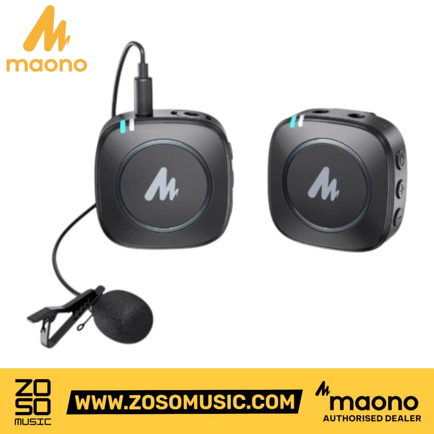 Zoso Music Maono AU-WM820 wireless microphone kit with black transmitter, receiver, and lavalier mic