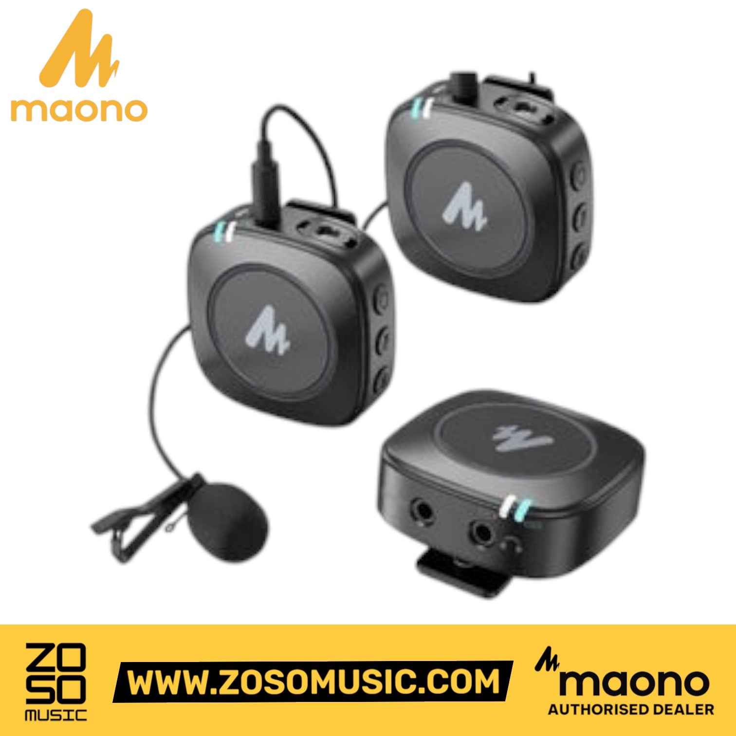 Zoso Music Maono AU-WM820-A2 wireless microphone kit with two black transmitters and one receiver