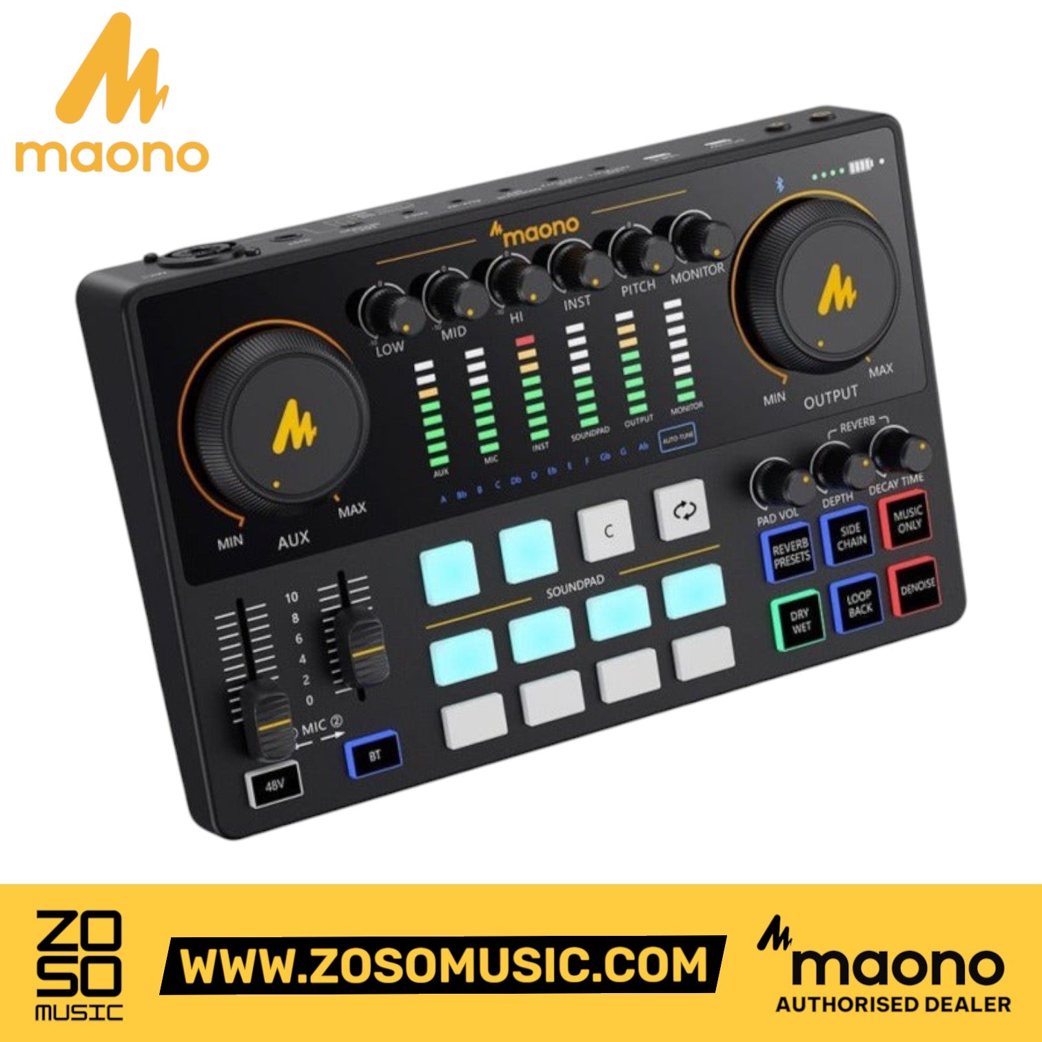 Zoso Music Maonocaster AME2 audio production studio console with knobs, sliders, and soundpads for live streaming.