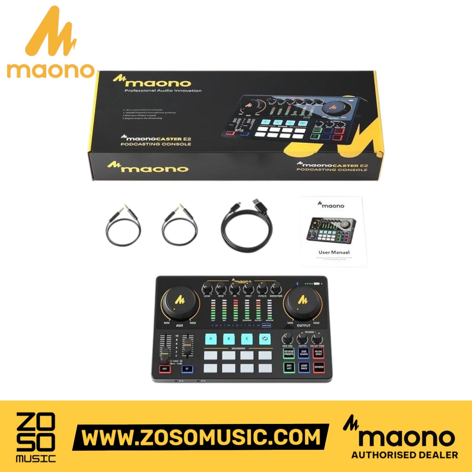 Zoso Music Maonocaster AME2 audio interface console with cables, manual, and packaging for podcasting and streaming